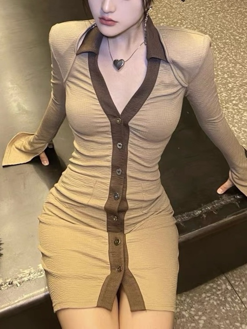 Shoulder Pad Ruched Mini Dress | Beige/Brown | Size M